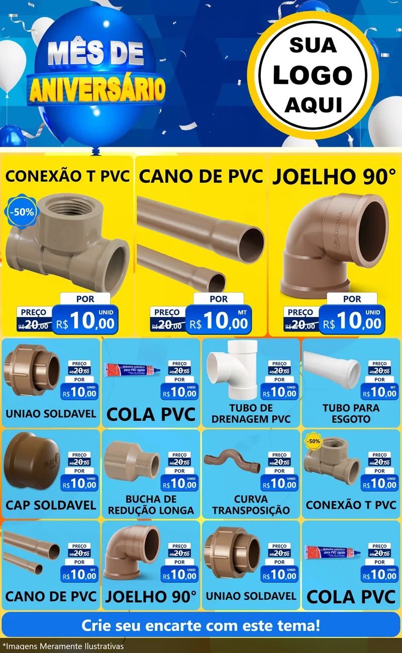 Modelo de Encarte para Encarte Grande com o tema Mês de Aniversário para Tubos e conexões
