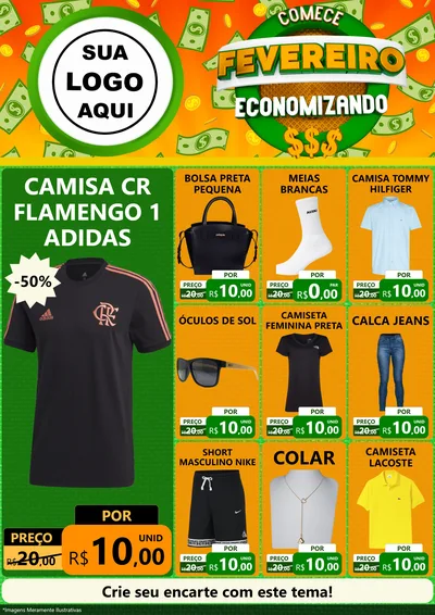 Modelo de Encarte para Encarte A4 Vertical com o tema Comece Fevereiro Economizando para Roupas e acessórios