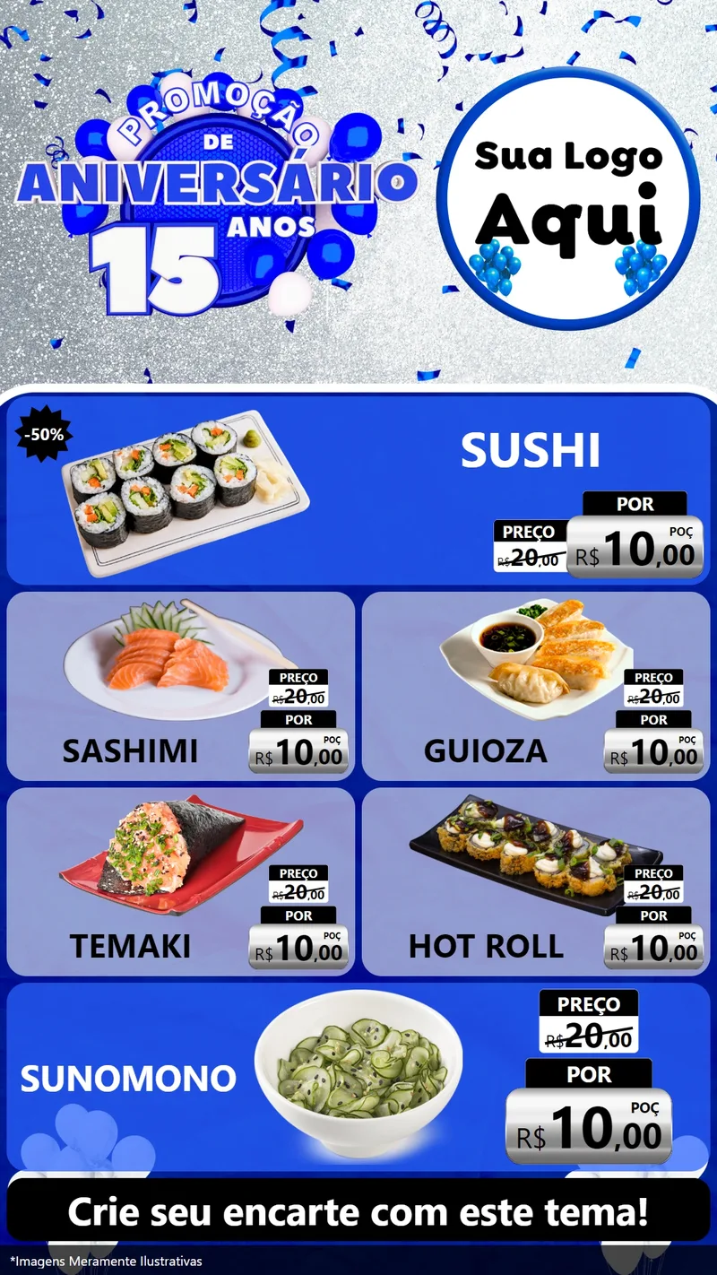 Modelo de TV para TV Vertical com o tema Promoção de Aniversário - 15 Anos para Comida japonesa