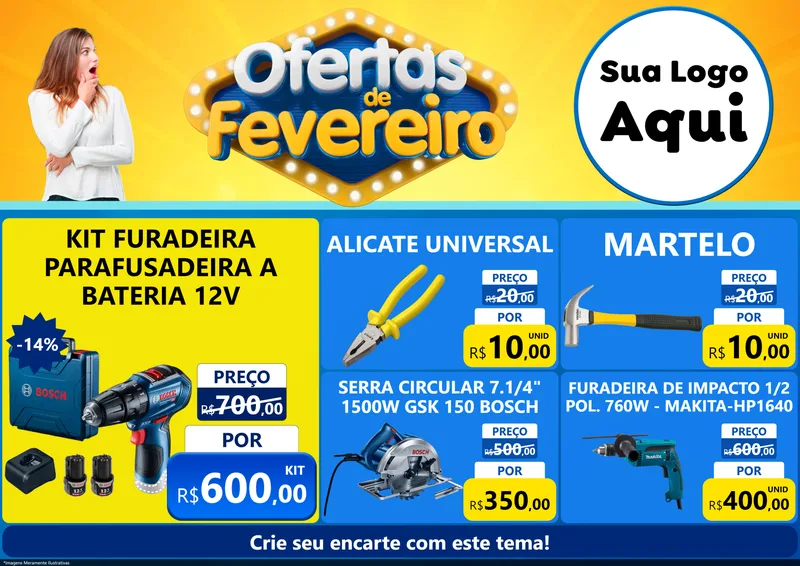 Modelo de Encarte para Encarte A4 Horizontal com o tema Ofertas de Fevereiro para Maquinas e Ferramentas
