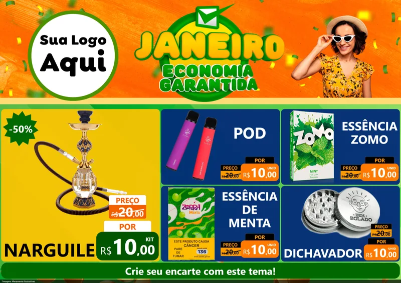 Modelo de Encarte para Encarte A4 Horizontal com o tema Janeiro - Economia Garantida para Tabacaria