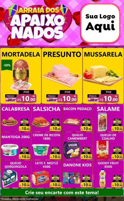 Modelo de Encarte para Encarte Grande com o tema Arraiá dos Apaixonados para Frios e Laticínios