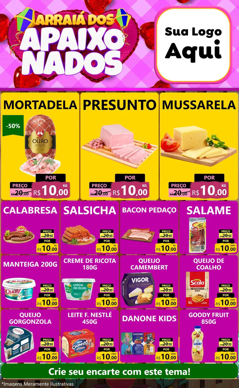 Modelo de Encarte para Encarte Grande com o tema Arraiá dos Apaixonados para Frios e Laticínios