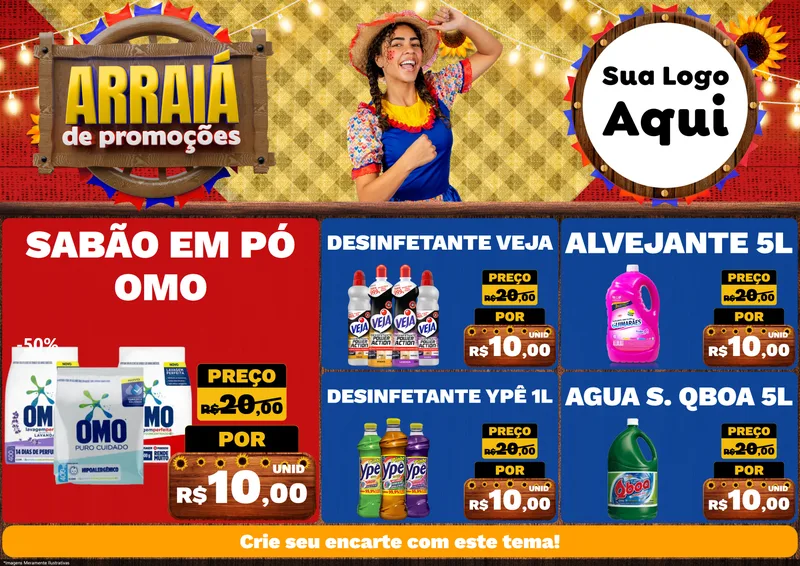 Modelo de Encarte para Encarte A4 Horizontal com o tema Arraiá de Promoções para Produtos de Limpeza