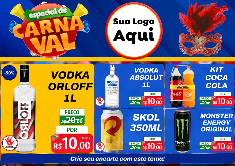 Modelo de Encarte para Encarte A4 Horizontal com o tema Especial de Carnaval para Distribuidora de bebidas