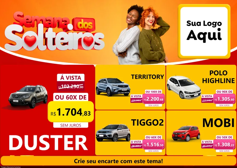 Modelo de Encarte para Encarte A4 Horizontal com o tema Semana dos Solteiros para Concessionaria de Carros