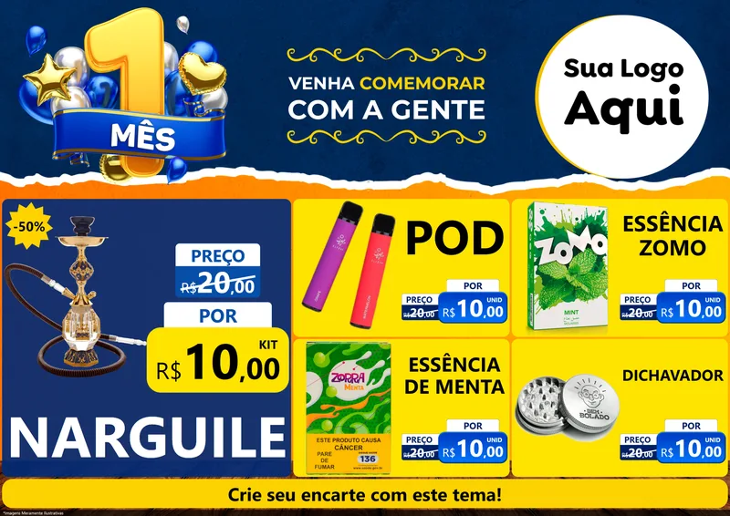 Modelo de Encarte para Encarte A4 Horizontal com o tema Um Mês de Aniversário para Tabacaria