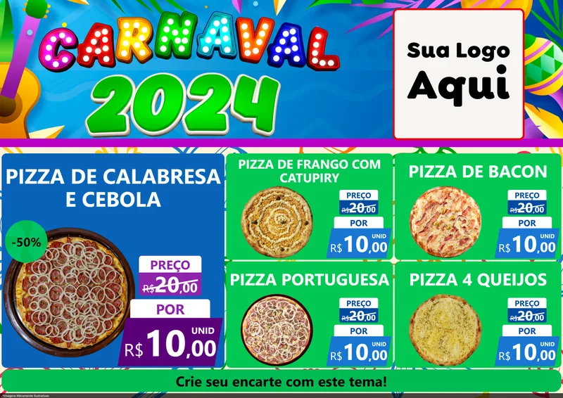 Modelo de Encarte para Encarte A4 Horizontal com o tema Carnaval 2027 para Pizzaria