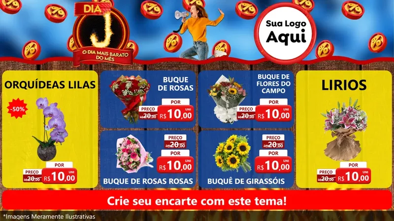 Modelo de TV para TV Horizontal com o tema Dia J - O Dia Mais Barato Do Mês para Floricultura e jardim