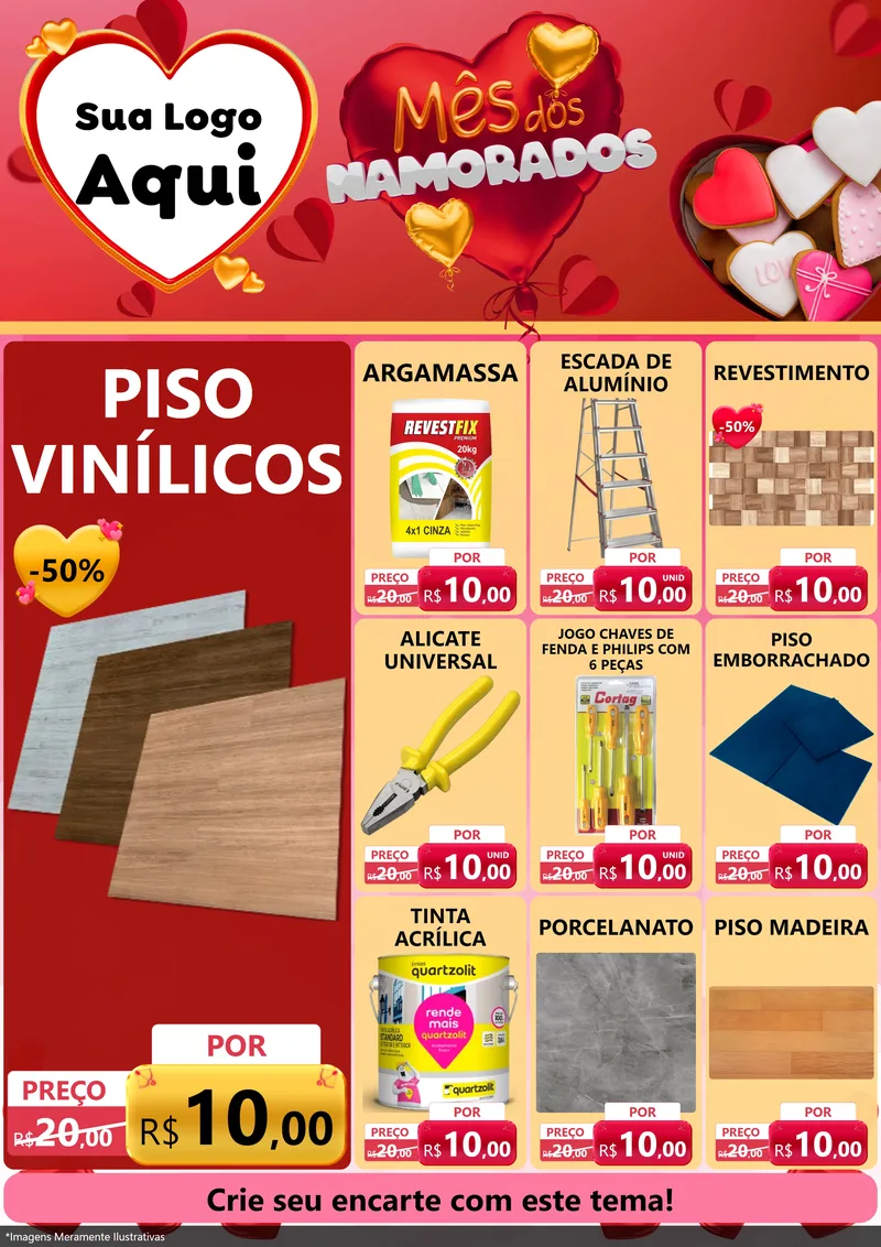 Modelo de Encarte para Encarte A4 Vertical com o tema Mês dos Namorados para Material para Construção