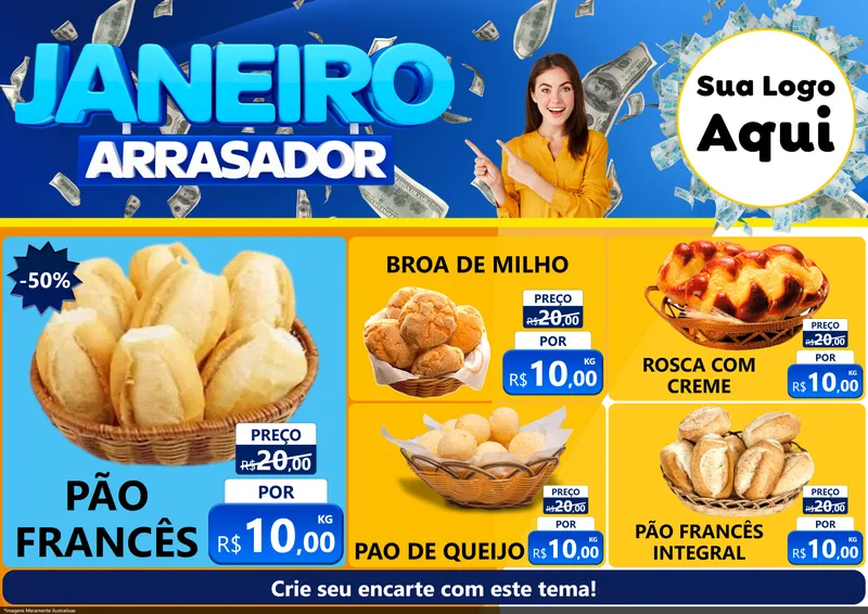 Modelo de Encarte para Encarte A4 Horizontal com o tema Janeiro Arrasador para Padaria