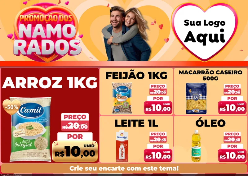 Modelo de Encarte para Encarte A4 Horizontal com o tema Promoção dos Namorados para Supermercado
