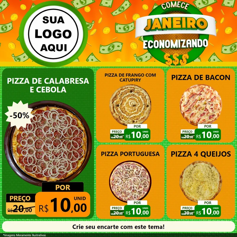 Modelo de Rede Social para Feed Facebook com o tema Comece Janeiro Economizando para Pizzaria