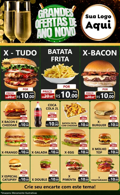 Modelo de Encarte para Encarte Grande com o tema Grandes Ofertas de Ano Novo para Hamburgueria