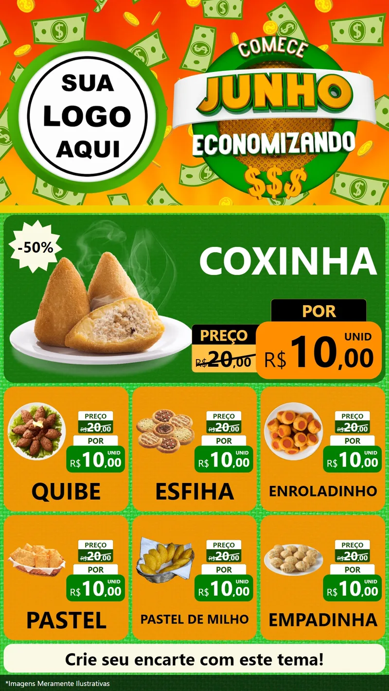 Modelo de Rede Social para Stories com o tema Comece Junho Economizando para Salgadaria
