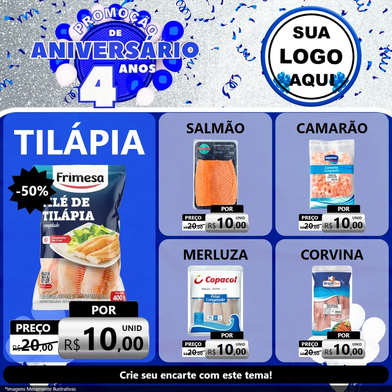 Modelo de Rede Social para Feed Facebook com o tema Promoção de Aniversário - 4 Anos para Peixaria