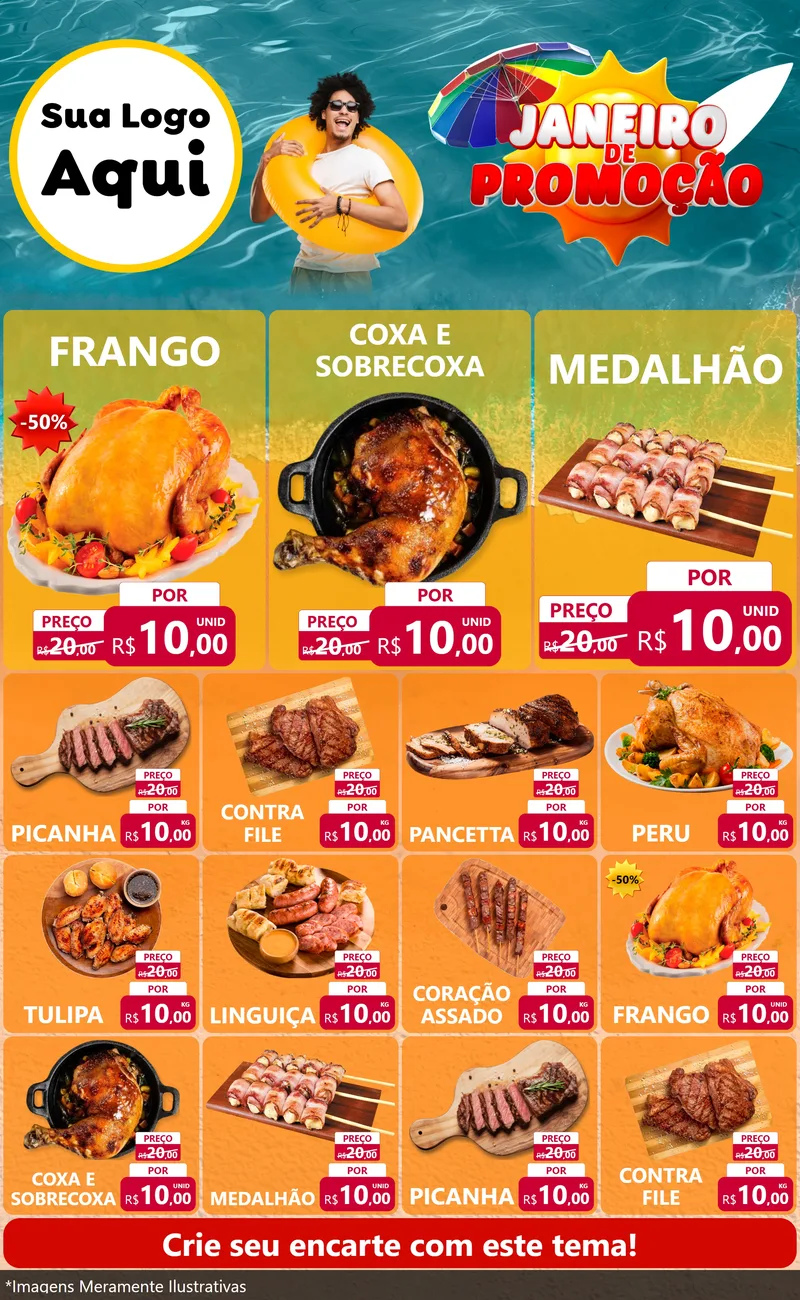 Modelo de Encarte para Encarte Grande com o tema Janeiro de Promoção para Assados