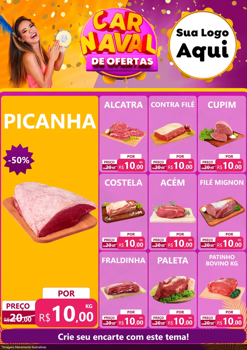 Modelo de Encarte para Encarte A4 Vertical com o tema Carnaval de Ofertas para Açougue