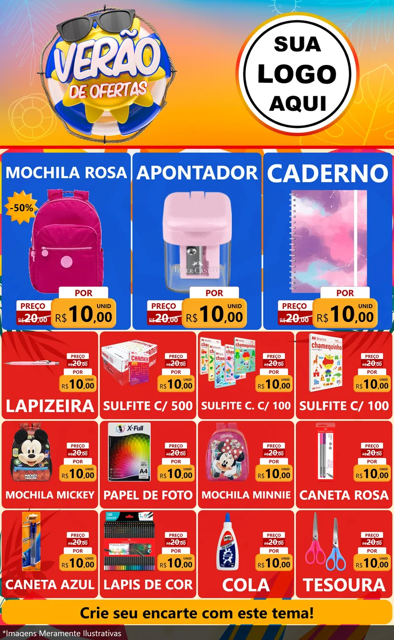 Modelo de Encarte para Encarte Grande com o tema Verão de Ofertas para Papelaria