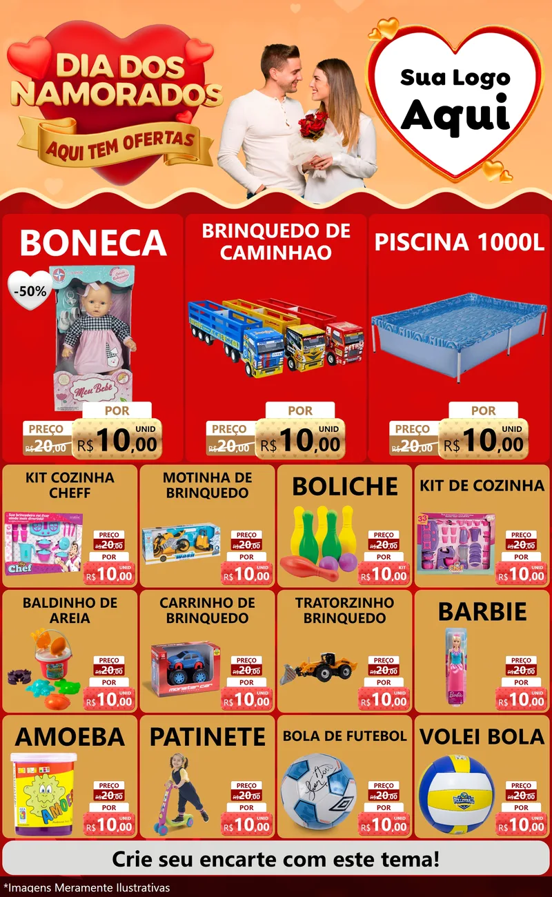 Modelo de Encarte para Encarte Grande com o tema Dia dos Namorados - Aqui Tem Ofertas para Brinquedos