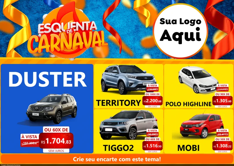 Modelo de Encarte para Encarte A4 Horizontal com o tema Esquenta de Carnaval para Concessionaria de Carros