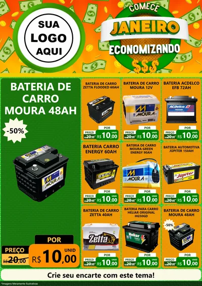Modelo de Encarte para Encarte A4 Vertical com o tema Comece Janeiro Economizando para Baterias Elétricas