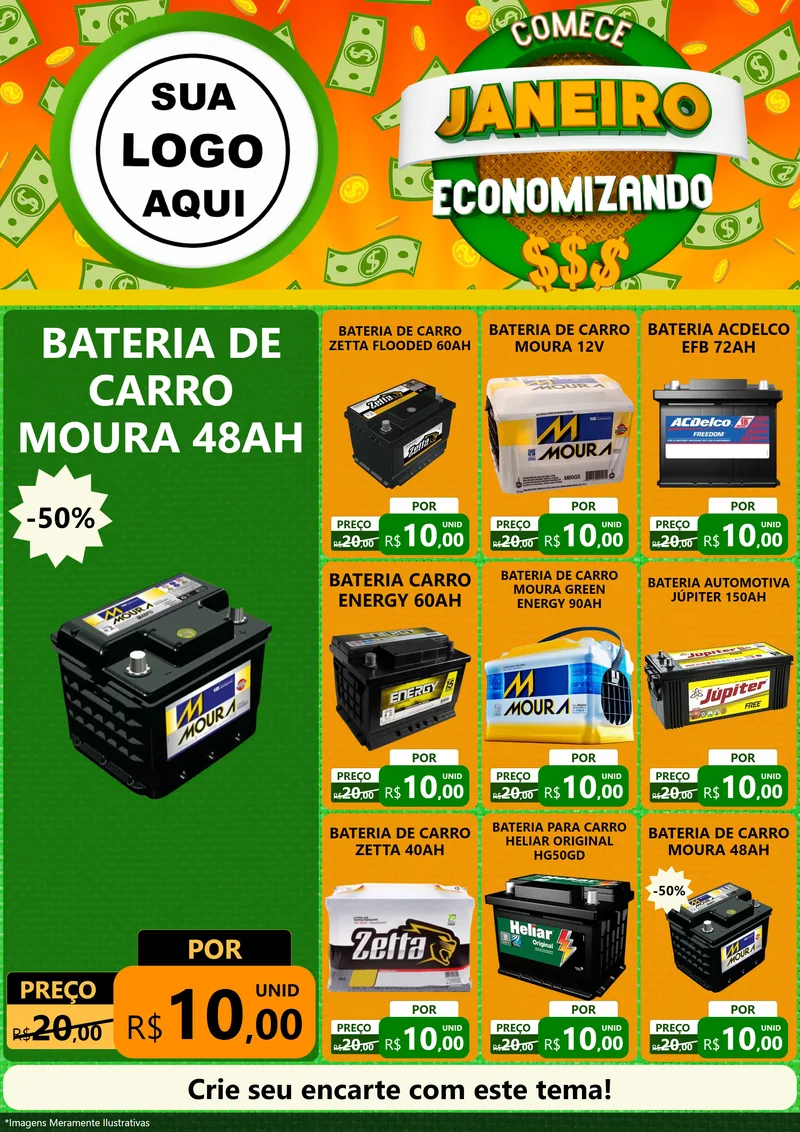Modelo de Encarte para Encarte A4 Vertical com o tema Comece Janeiro Economizando para Baterias Elétricas