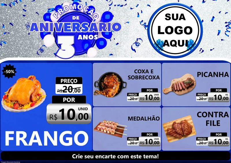 Modelo de Encarte para Encarte A4 Horizontal com o tema Promoção de Aniversário - 3 Anos para Assados