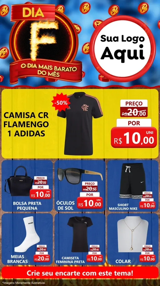 Modelo de Rede Social para Stories com o tema Dia F - O Dia Mais Barato Do Mês para Roupas e acessórios
