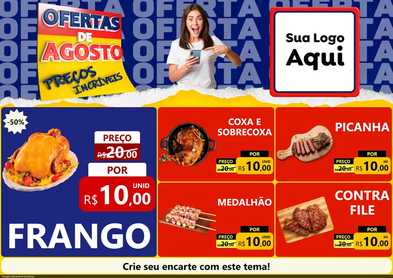 Modelo de Encarte para Encarte A4 Horizontal com o tema Ofertas de Agosto - Preços Incríveis para Assados