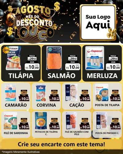 Modelo de Rede Social para Feed Instagram com o tema Agosto Mês do Desconto Louco para Peixaria