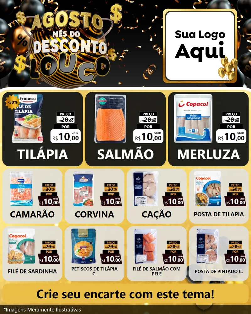Modelo de Rede Social para Feed Instagram com o tema Agosto Mês do Desconto Louco para Peixaria