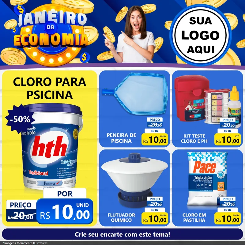 Modelo de Rede Social para Feed Facebook com o tema Janeiro da Economia para Produtos para Piscina