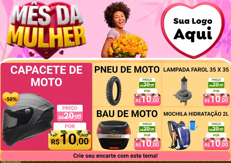 Modelo de Encarte para Encarte A4 Horizontal com o tema Mês da Mulher para Moto peças