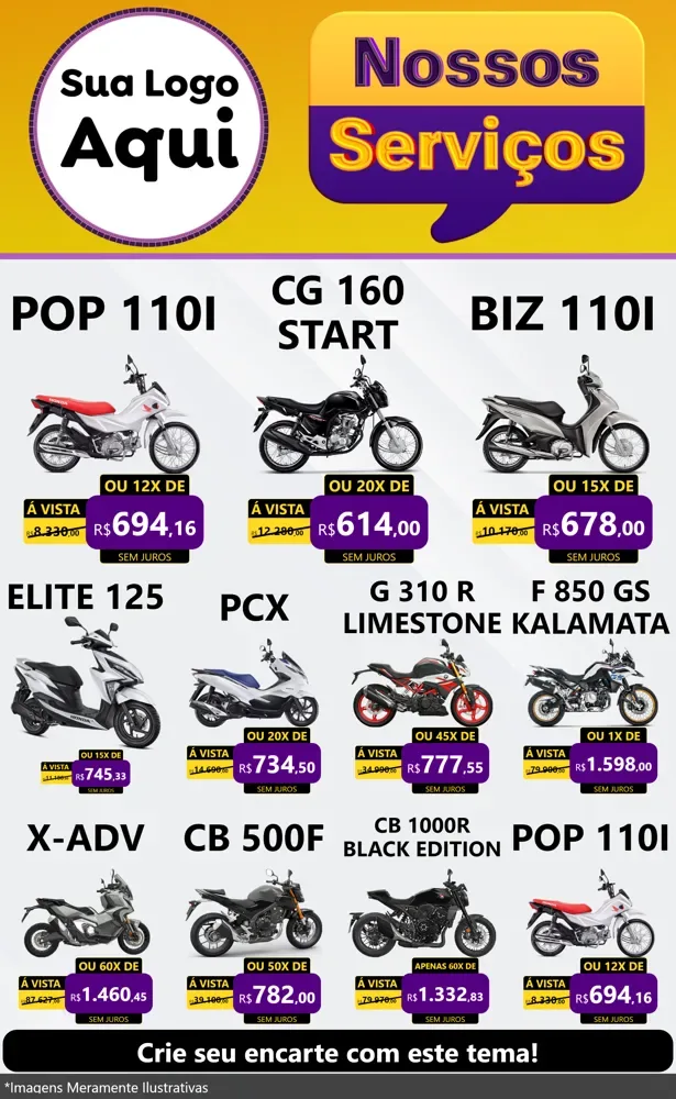 Modelo de Encarte para Encarte Grande com o tema Nossos Serviços para Concessionaria de Motos