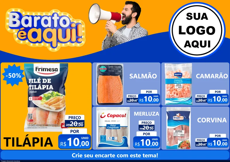 Modelo de Encarte para Encarte A4 Horizontal com o tema Barato é aqui para Peixaria