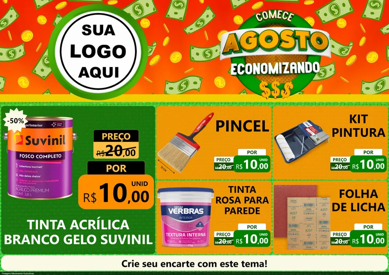 Modelo de Encarte para Encarte A4 Horizontal com o tema Comece Agosto Economizando para Tintas e Ferramentas