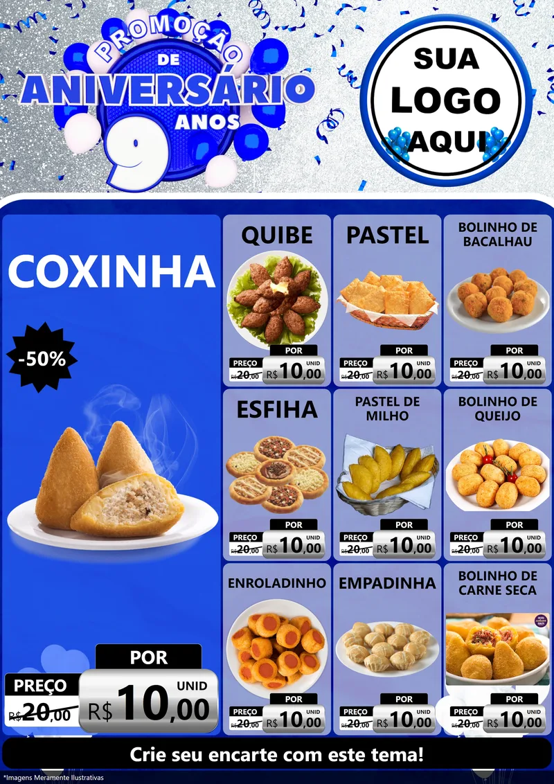 Modelo de Encarte para Encarte A4 Vertical com o tema Promoção de Aniversário - 9 Anos para Salgadaria
