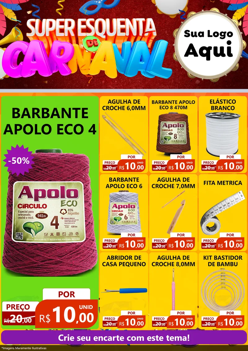 Modelo de Encarte para Encarte A4 Vertical com o tema Super Esquenta de Carnaval para Armarinho e Aviamentos