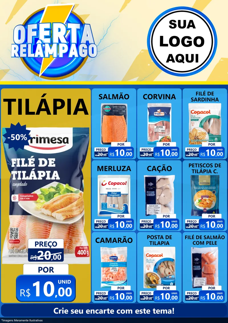 Modelo de Encarte para Encarte A4 Vertical com o tema Oferta Relâmpago para Peixaria