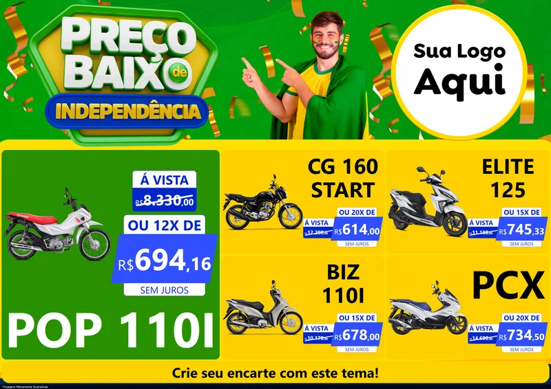 Modelo de Encarte para Encarte A4 Horizontal com o tema Preço Baixo de Independência para Concessionaria de Motos