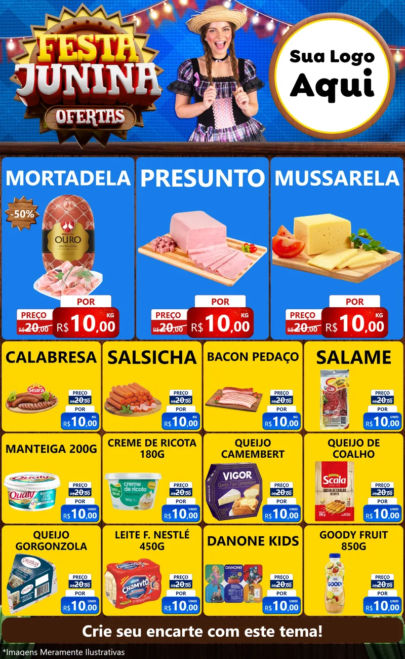 Modelo de Encarte para Encarte Grande com o tema Festa Junina Ofertas para Frios e Laticínios