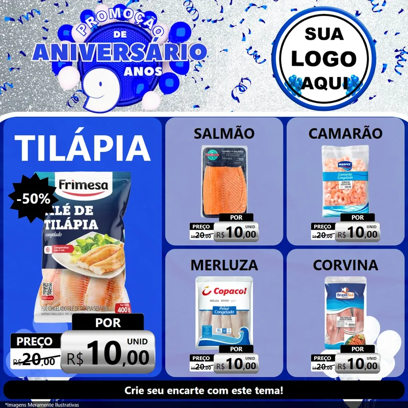 Modelo de Rede Social para Feed Facebook com o tema Promoção de Aniversário - 9 Anos para Peixaria