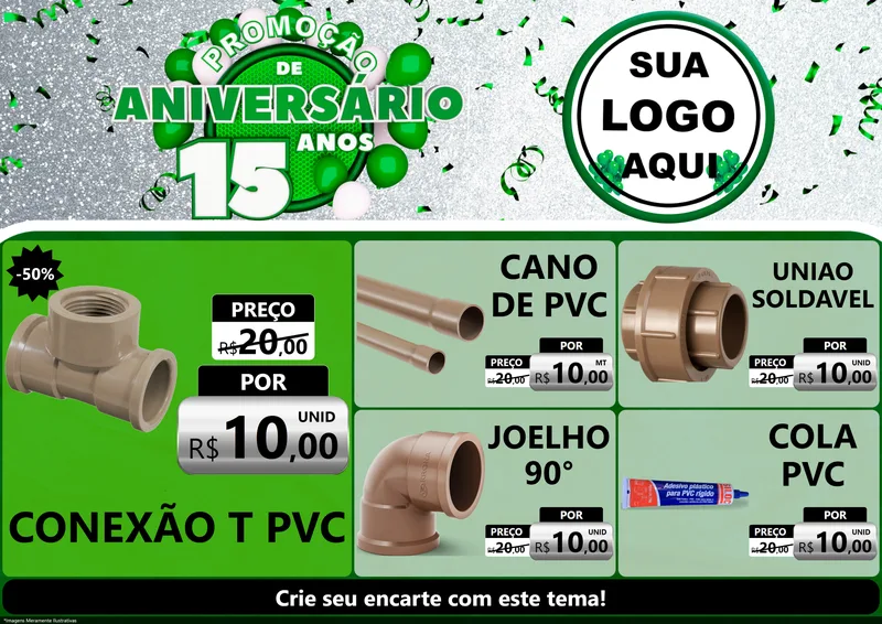 Modelo de Encarte para Encarte A4 Horizontal com o tema Promoção de Aniversário - 15 Anos para Tubos e conexões