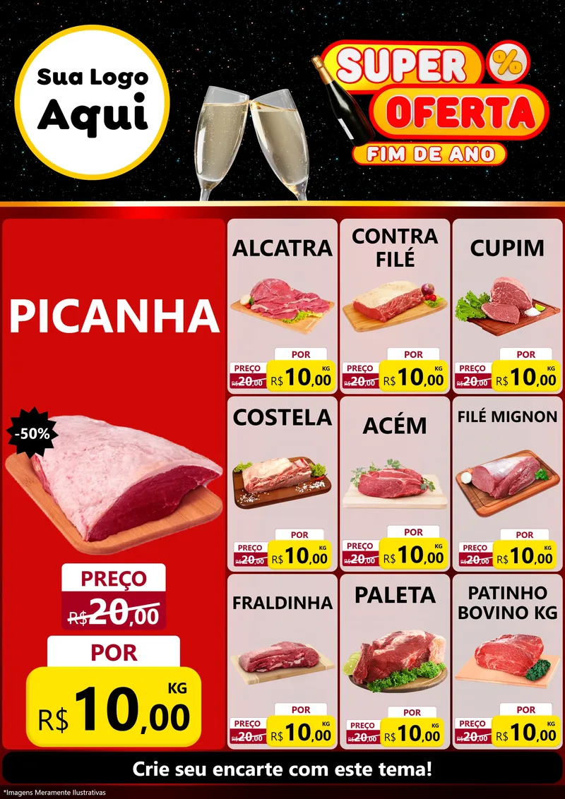 Modelo de Encarte para Encarte A4 Vertical com o tema Super Oferta Fim de Ano para Açougue