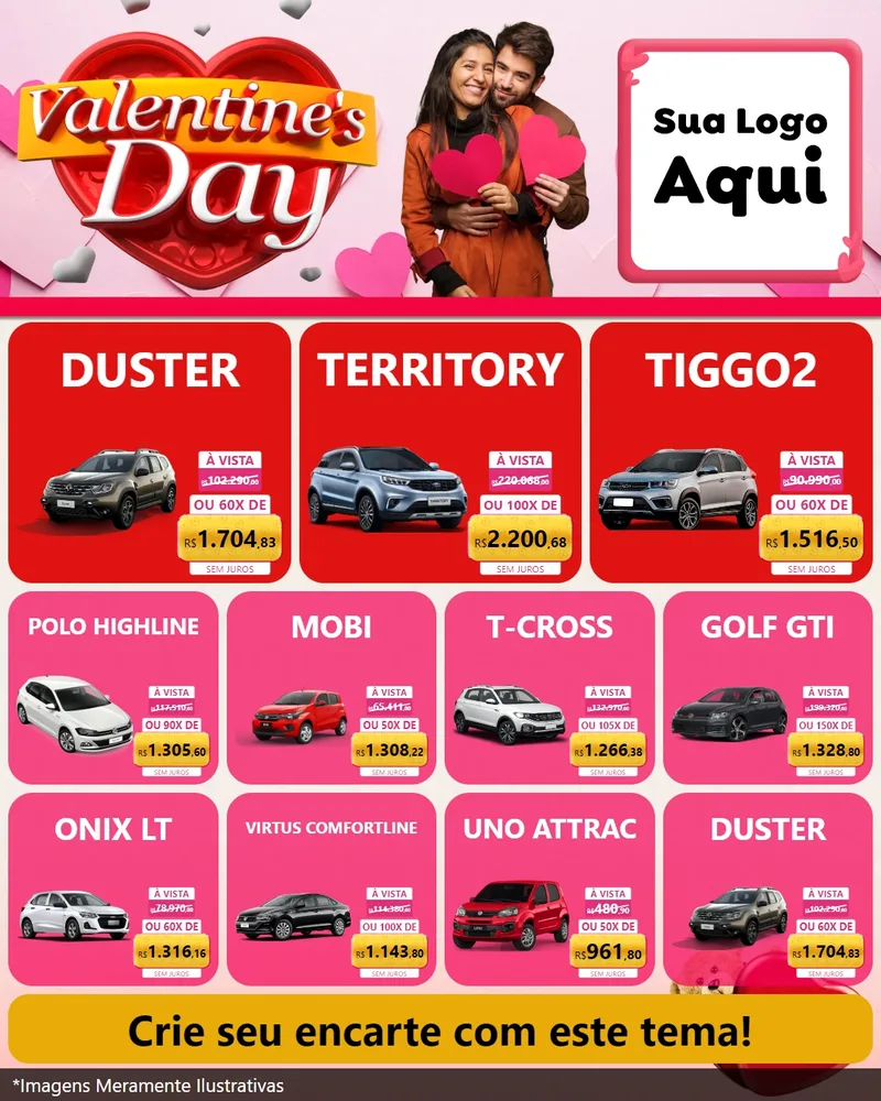 Modelo de Rede Social para Feed Instagram com o tema Valentine's Day para Concessionaria de Carros