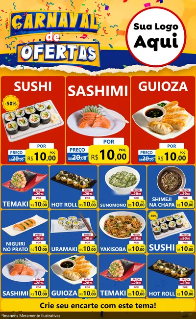 Modelo de Encarte para Encarte Grande com o tema Carnaval de Ofertas para Comida japonesa