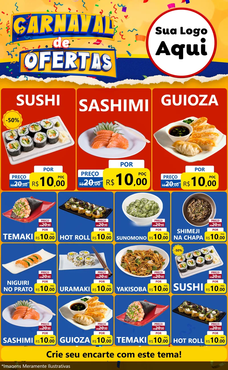 Modelo de Encarte para Encarte Grande com o tema Carnaval de Ofertas para Comida japonesa