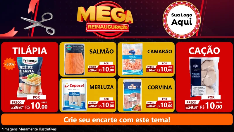 Modelo de TV para TV Horizontal com o tema Mega Reinauguração para Peixaria