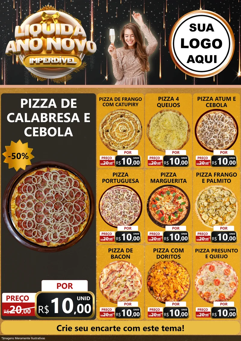 Modelo de Encarte para Encarte A4 Vertical com o tema Liquida Ano Novo Imperdível para Pizzaria